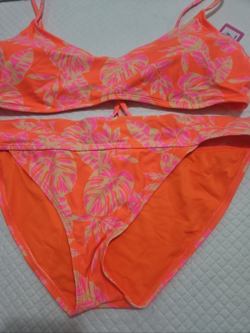 Orange Bikini Set with Pink Tropical Leaf Print Sz XXL